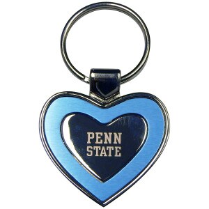 blue heart keychain with laser engraved Penn State on silver inlay